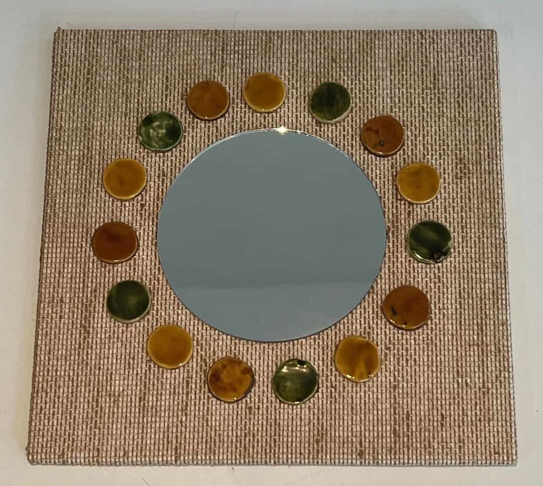 French Mid-Century Raffia and Ceramic Roundel Mirror - Alternate View - Styylish