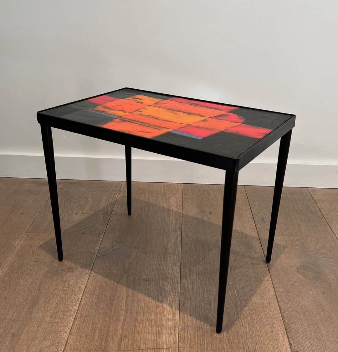 French Mid-Century Hand-Painted Ceramic Tile Side Table - Wide Angled View - Styylish