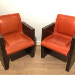 Pair of French 1970s Brown and Orange Leather Armchairs - Pair View - Styylish