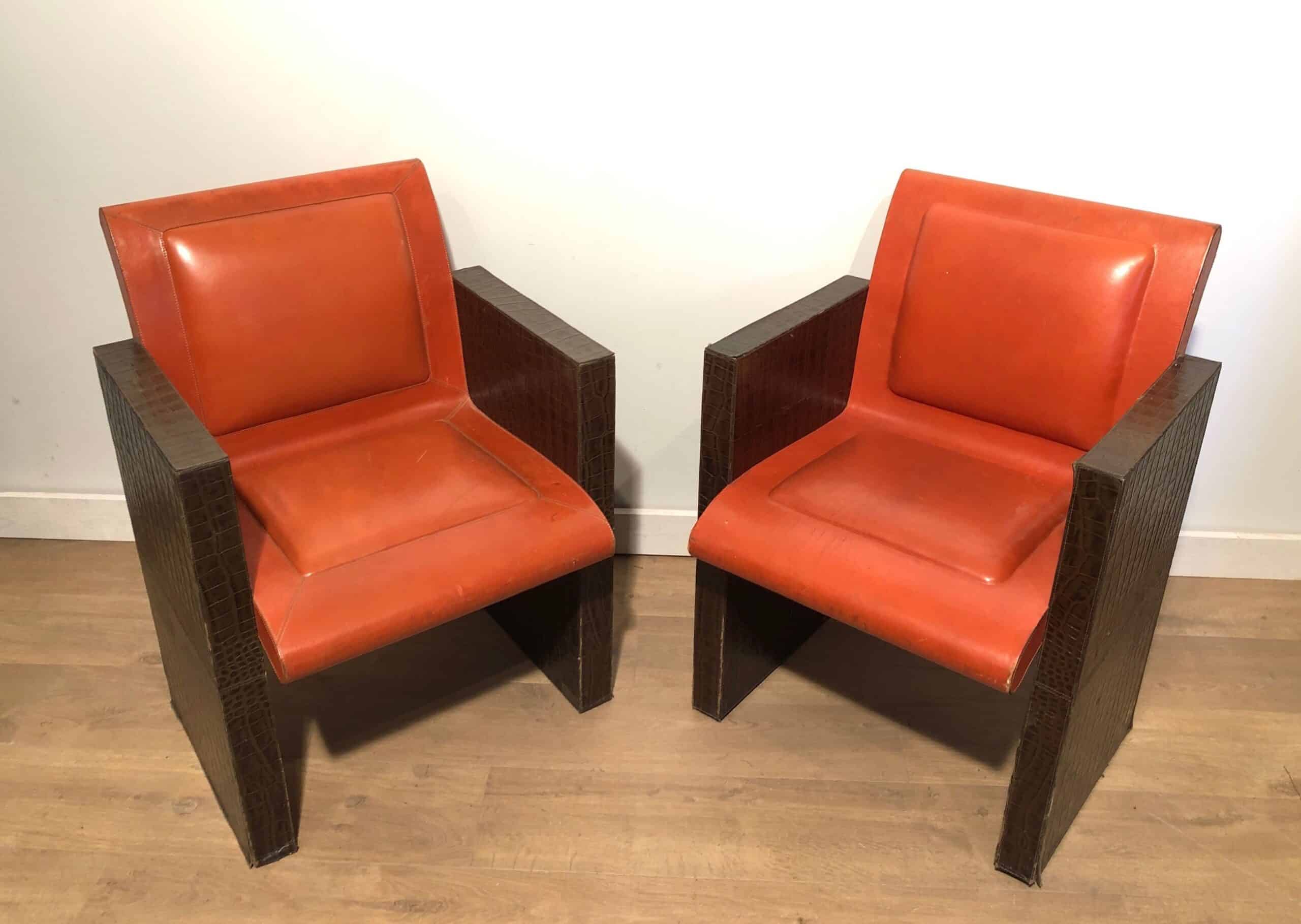Pair of French 1970s Brown and Orange Leather Armchairs - Pair View - Styylish