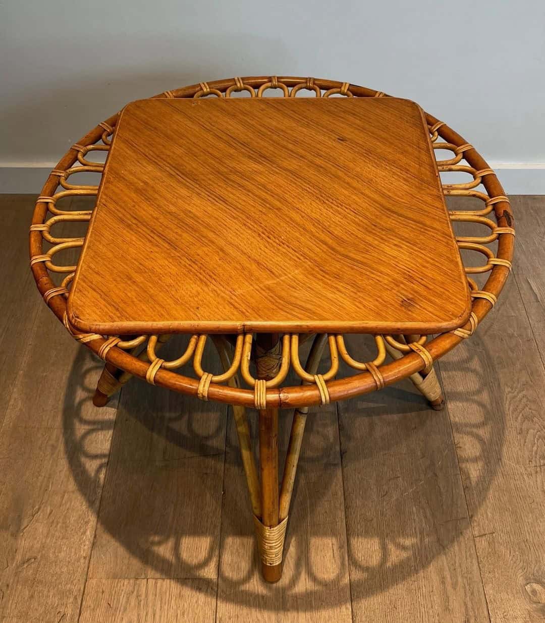 French Mid-Century Trampoline Rattan Coffee Table - Image 12