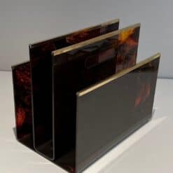 French 1970s Faux Tortoiseshell Plexiglass and Brass Magazine Rack - Image 12