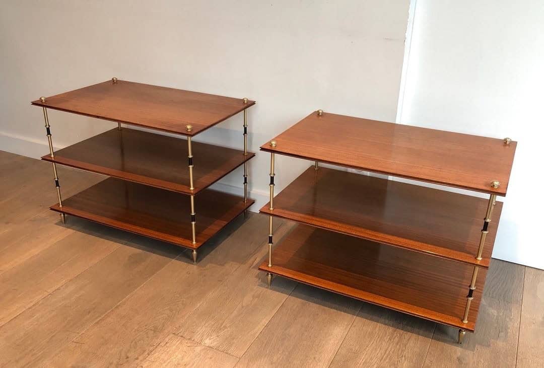 Maison Jansen Mahogany and Brass Three-Tier Side Tables - Pair Alt View - Styylish