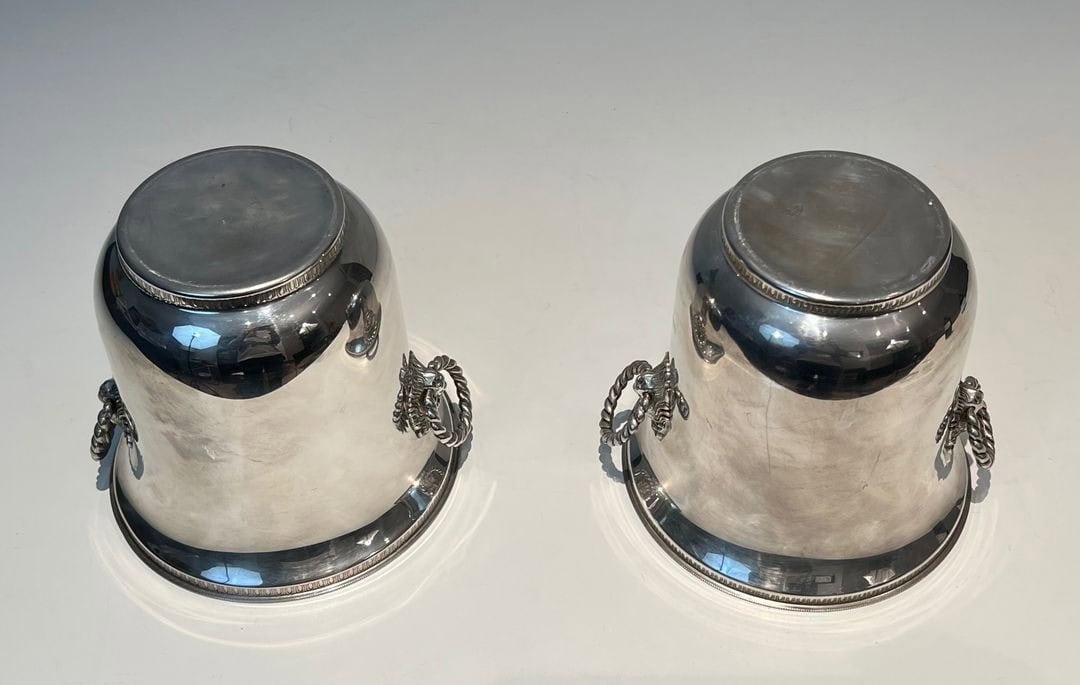 Pair of French Silver-Plated Champagne Buckets with Lion Masks - Bottom Detail - Styylish