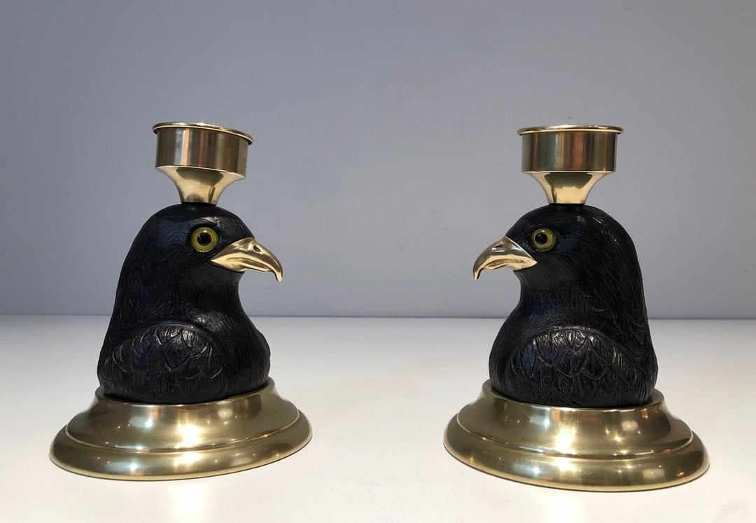 Pair of Signed French Carved Wood Eagle Candlesticks - Side Pair View Three - Styylish