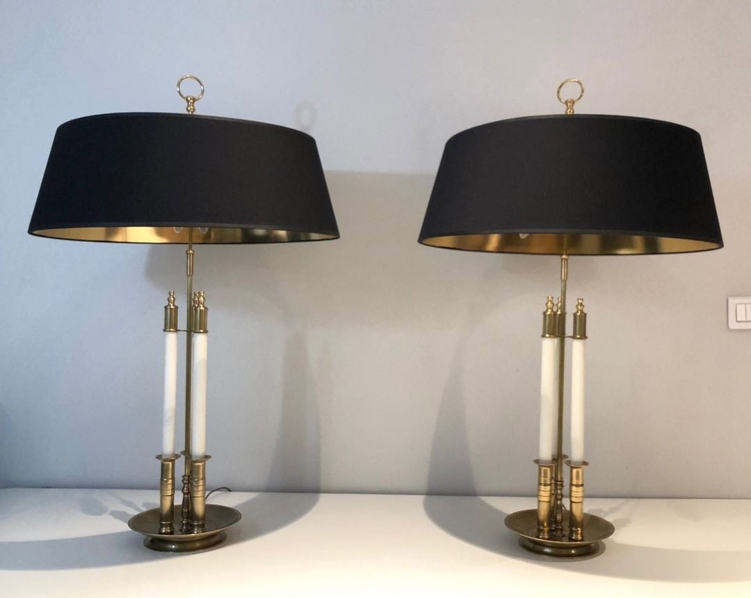 Pair of French Adjustable Table Lamps, Brass White Lacquer, Circa 1940 - Image 12