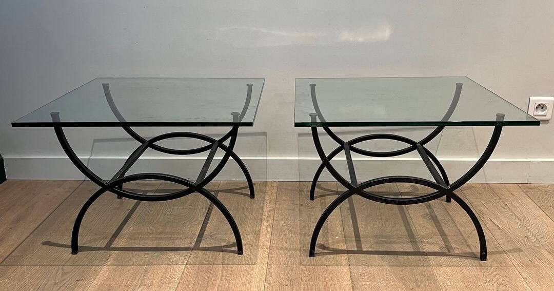 French Mid-Century Black Iron and Glass Side Tables - Image 12