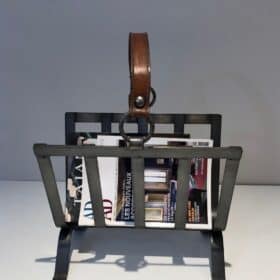Jacques Adnet Style Leather and Steel Magazine Rack