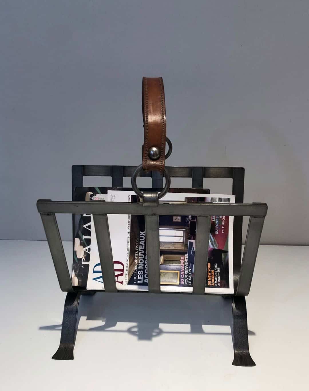 Jacques Adnet Style Leather and Steel Magazine Rack - Image 3