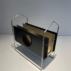 French 1960s Chrome and Black and White Magazine Rack - Angled View - Styylish