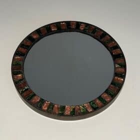 French Mid-Century Ceramic and Brass Round Mirror