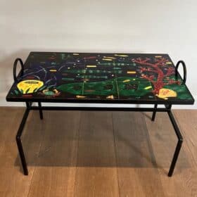 French Ceramic and Iron Coffee Table, circa 1950, in the Style of Jacques Adnet