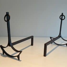 French 1940s Blackened Wrought Iron Andirons