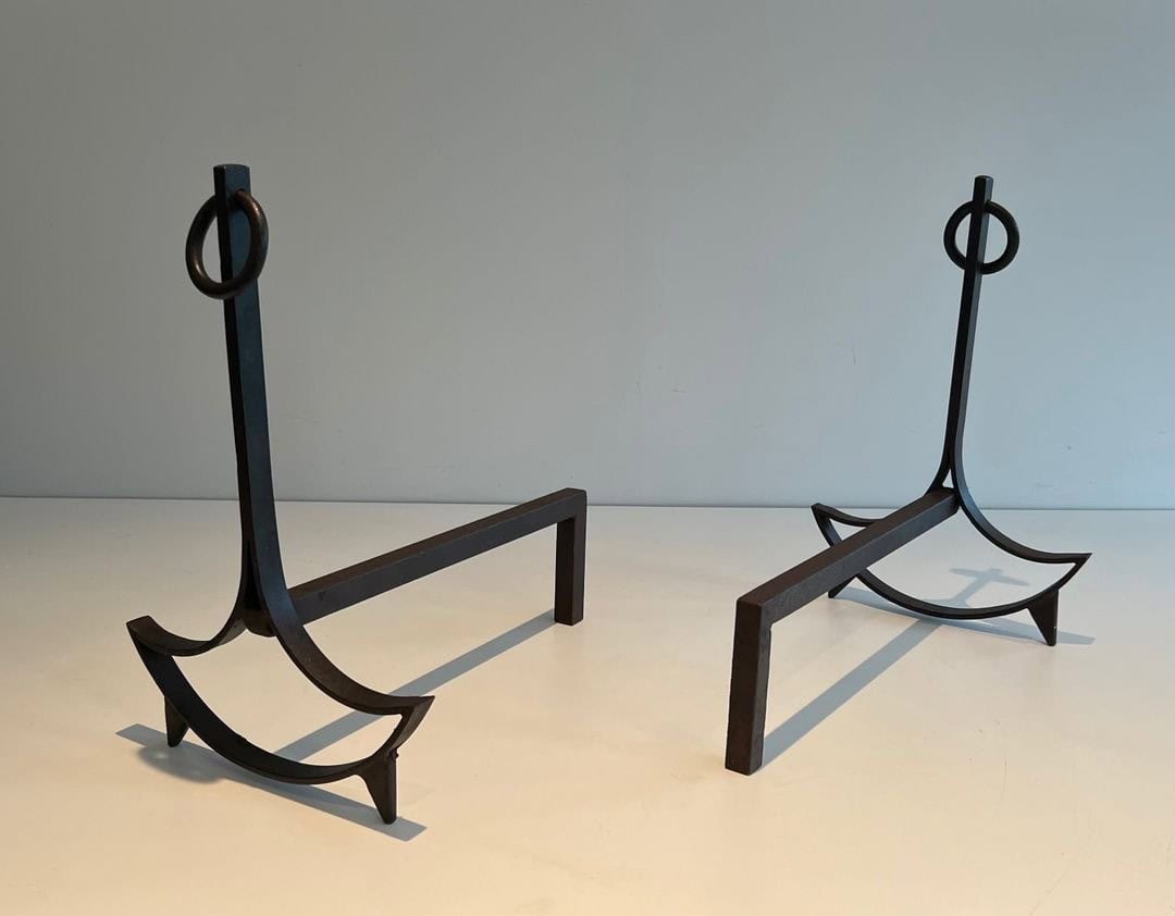 French 1940s Blackened Wrought Iron Andirons - Front and Rear View - Styylish