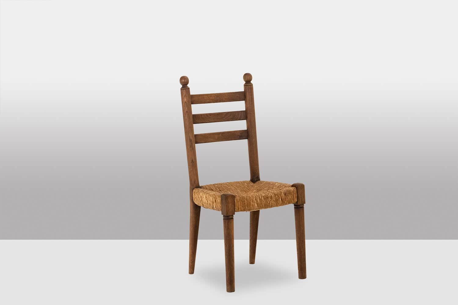 Set of 8 Vintage Oak and Straw-Seated Chairs - Angled View - Styylish