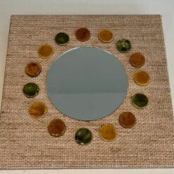 French Mid-Century Raffia and Ceramic Roundel Mirror - Front View - Styylish