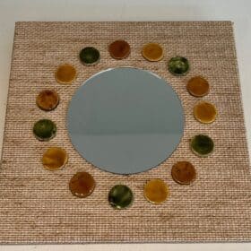 French Mid-Century Raffia and Ceramic Roundel Mirror