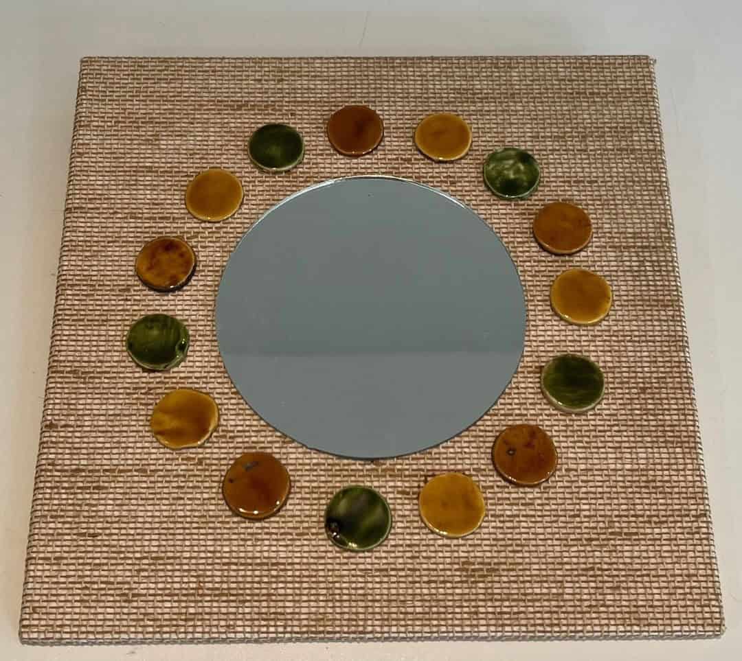 French Mid-Century Raffia and Ceramic Roundel Mirror - Front View - Styylish