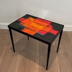 French Mid-Century Hand-Painted Ceramic Tile Side Table - Angled View - Styylish