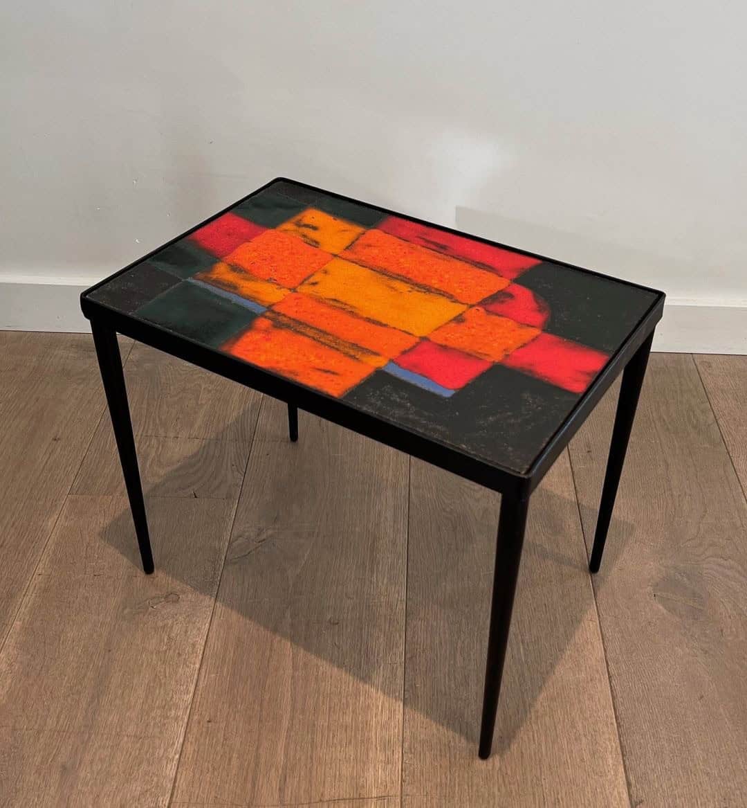 French Mid-Century Hand-Painted Ceramic Tile Side Table - Angled View - Styylish