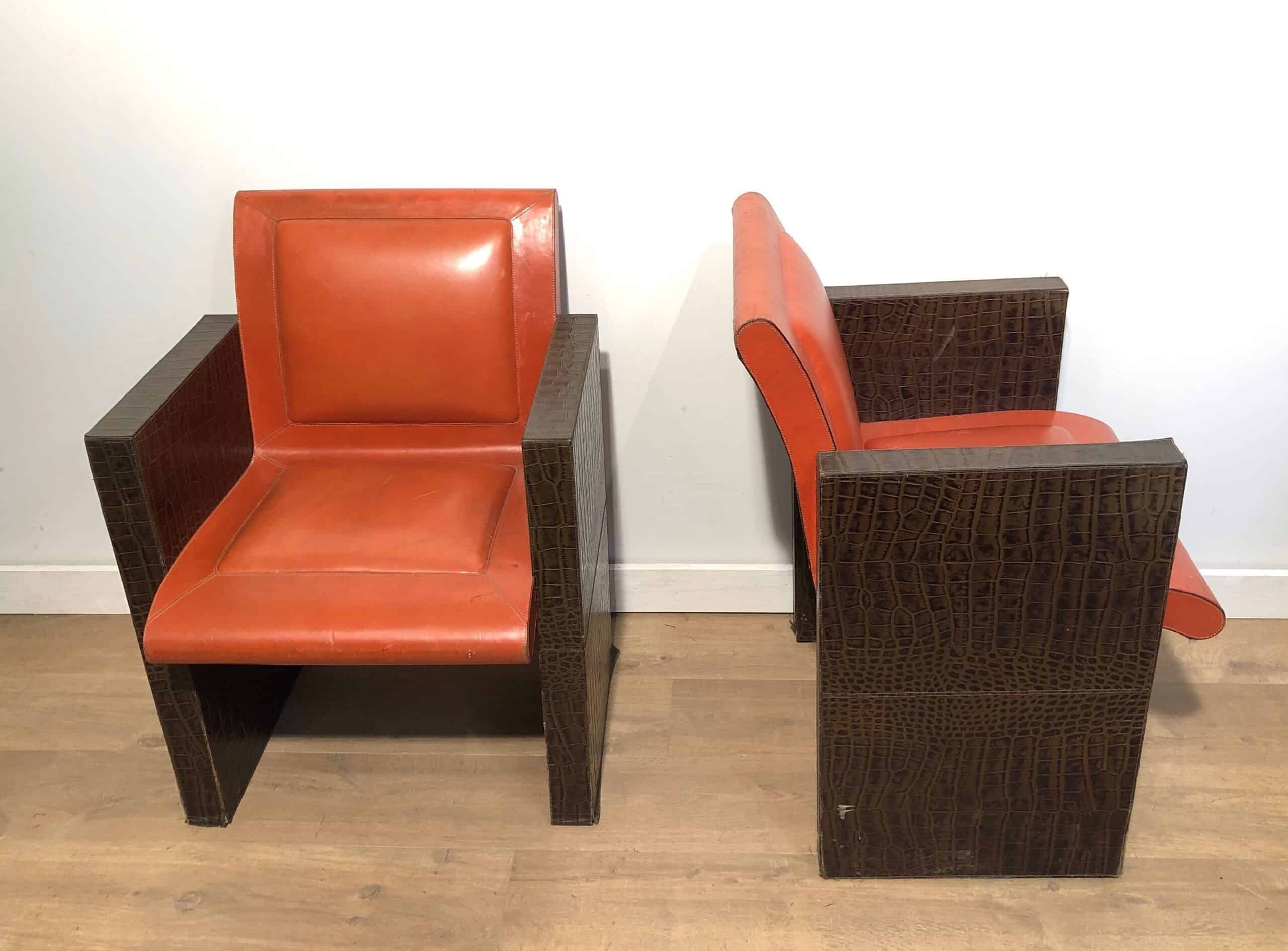 Pair of French 1970s Brown and Orange Leather Armchairs - Front and Side View - Styylish