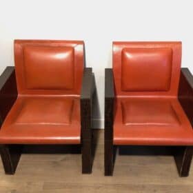 Set of Three French 1970s Brown and Orange Leather Armchairs