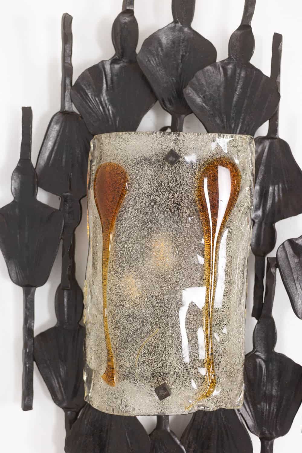 Mazzega Brutalist Cast Glass and Wrought Iron Wall Sconces - Front View - Styylish
