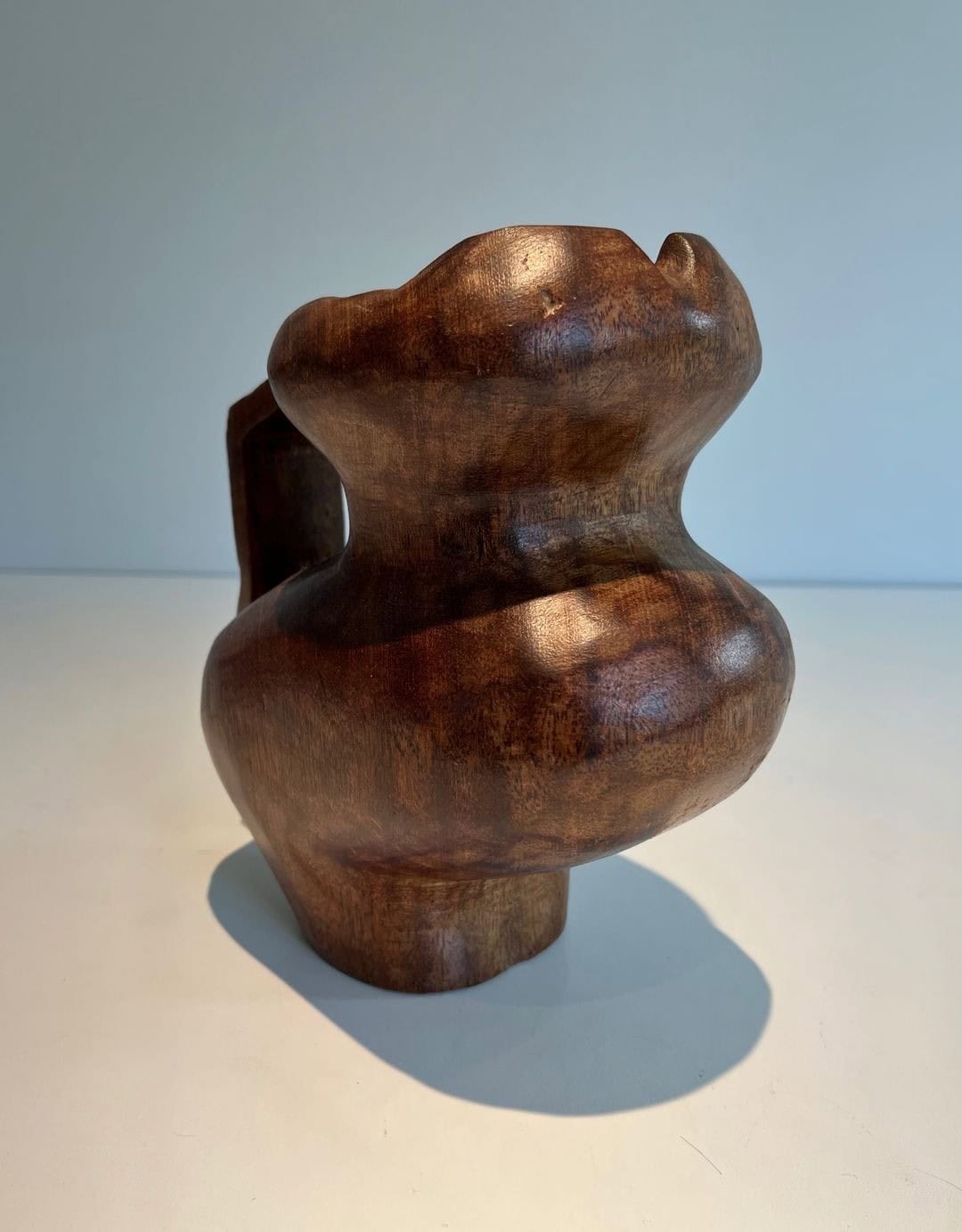 French Post-War Brutalist Carved Wood Pitcher - Rear Angled View - Styylish