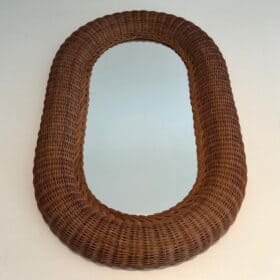French Mid-Century Oval Rattan Mirror