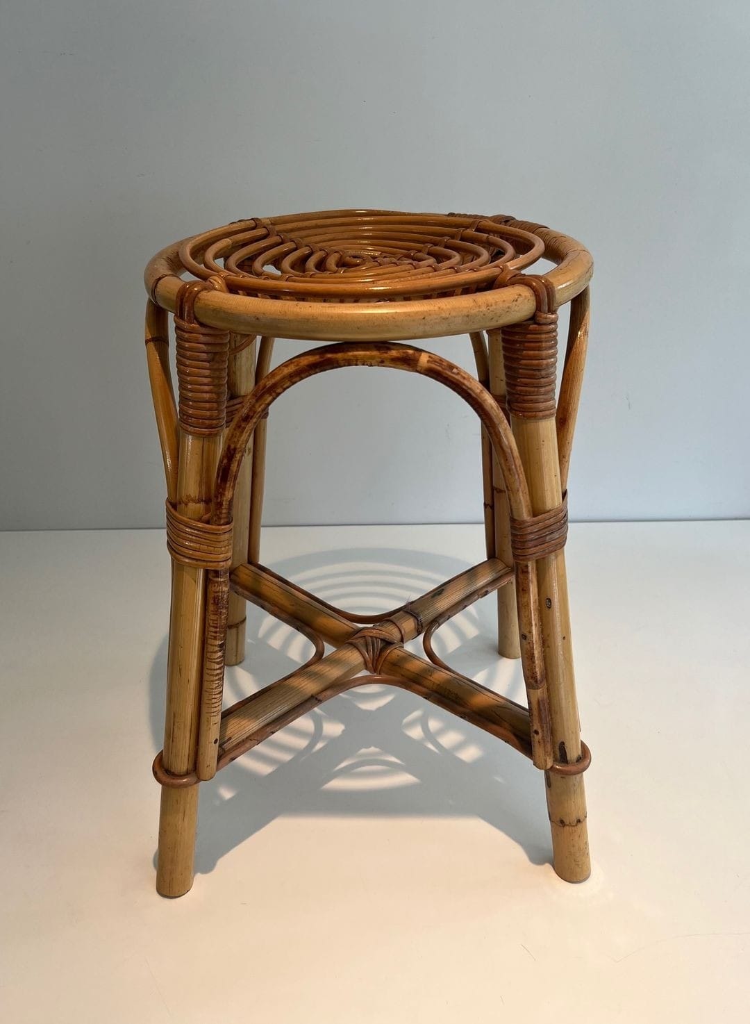 French 1940s–1950s Rattan Drum Stool - Image 3