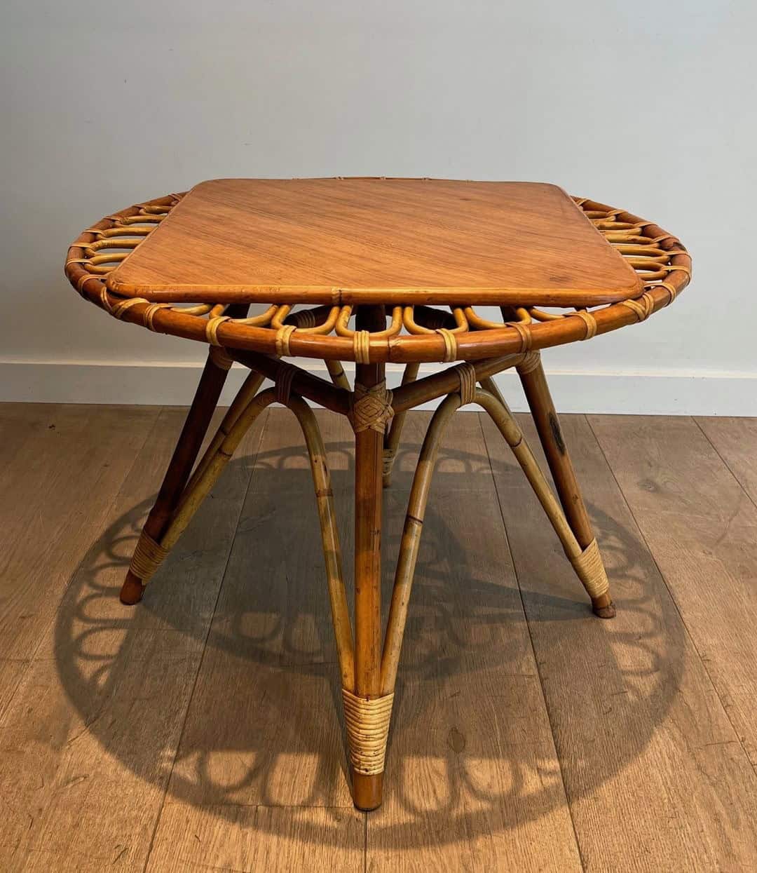 French Mid-Century Trampoline Rattan Coffee Table - Image 3