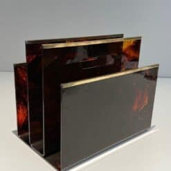 French 1970s Faux Tortoiseshell Plexiglass and Brass Magazine Rack - Image 3