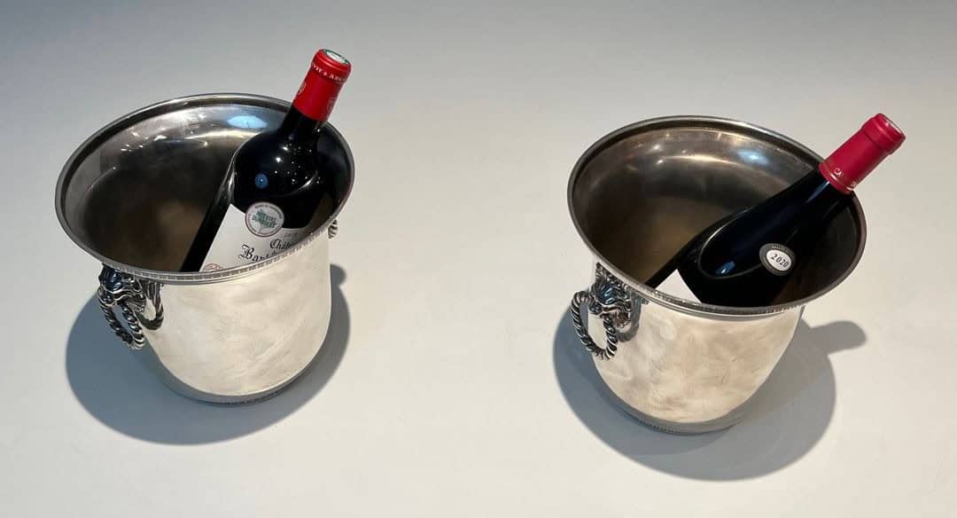 Pair of French Silver-Plated Champagne Buckets with Lion Masks - Top Pair View with Bottles - Styylish