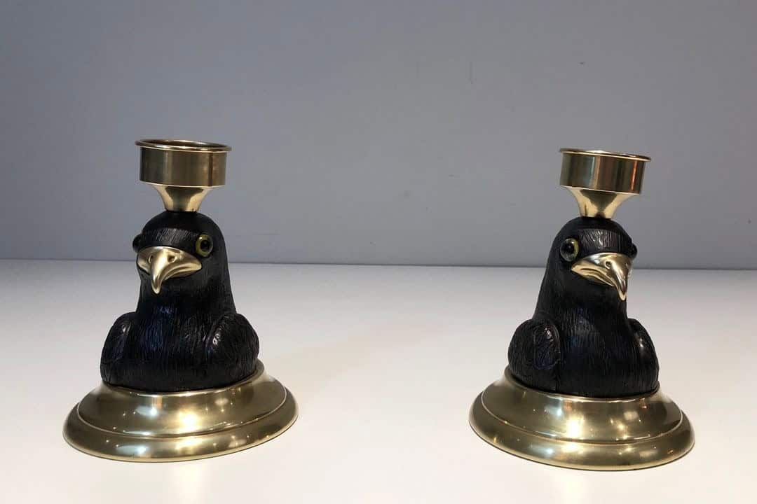 Pair of Signed French Carved Wood Eagle Candlesticks - Front Pair View - Styylish