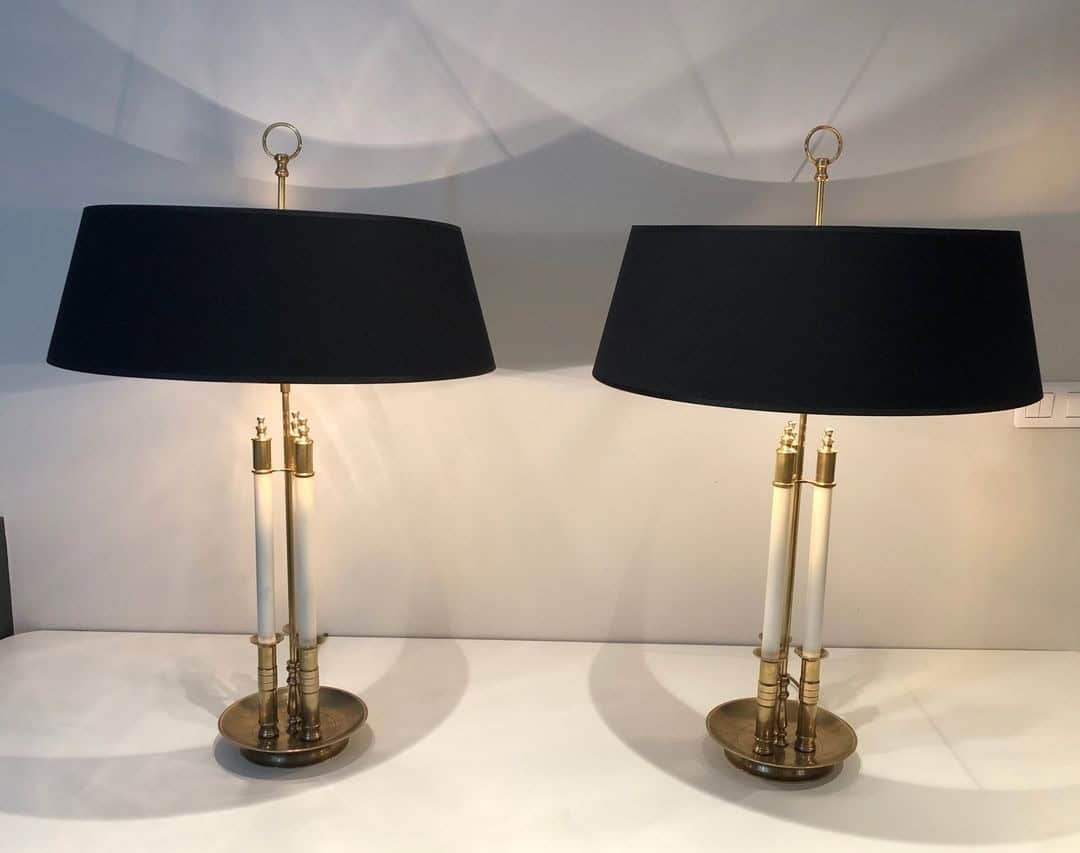 Pair of French Adjustable Table Lamps, Brass White Lacquer, Circa 1940 - Image 3