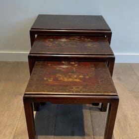 Set of Three Lacquered Nesting Tables with Chinoiserie Decoration, France circa 1940