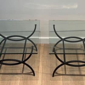 French Mid-Century Black Iron and Glass Side Tables