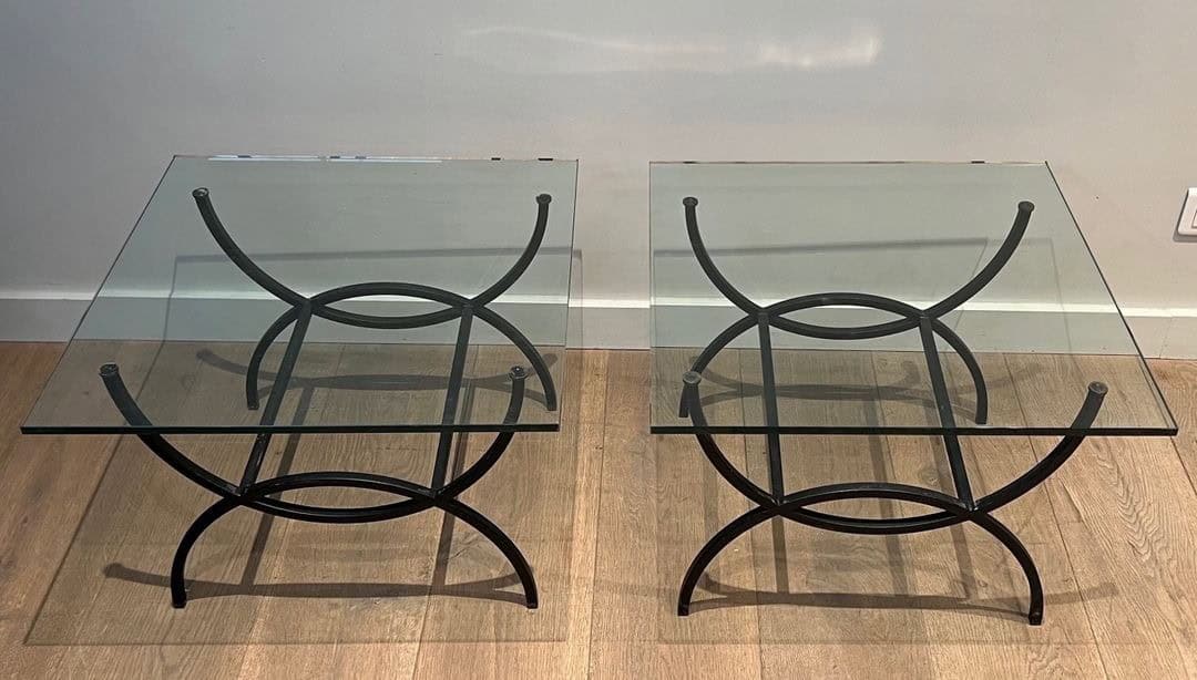 French Mid-Century Black Iron and Glass Side Tables - Image 3