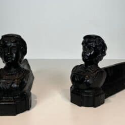 French Figural Cast Iron Andirons - Front and Angled Pair View - Styylish