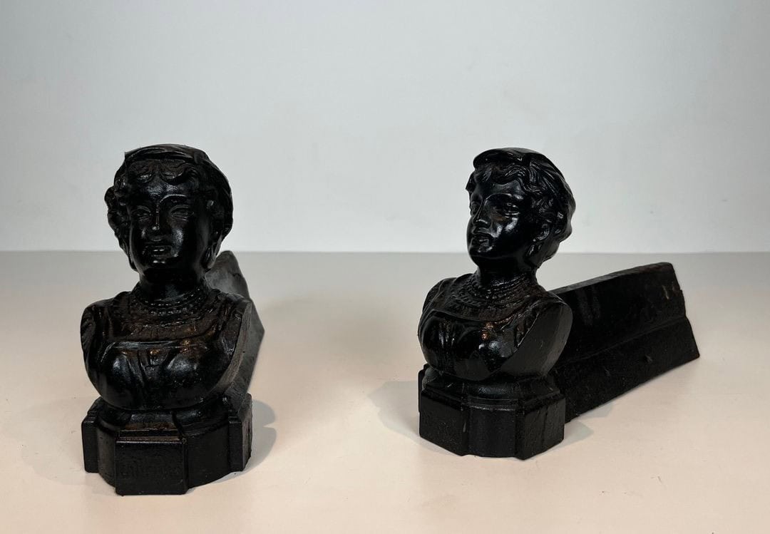 French Figural Cast Iron Andirons - Front and Angled Pair View - Styylish