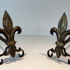 French Fleur-de-Lys Bronze Andirons - Angled Pair View - Styylish