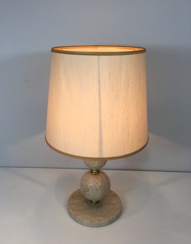 Travertine and Brass Table Lamp, Italy, Circa 1970 - Image 3