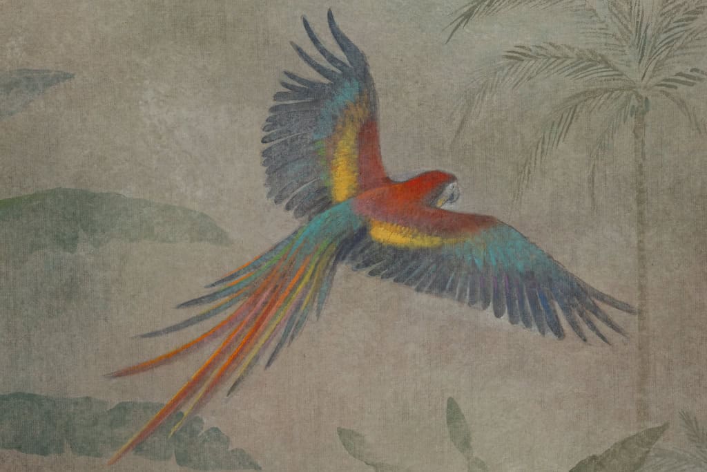 Monumental Hand-Painted Tropical Canvas with Parrots, Contemporary French Artist - Image 3