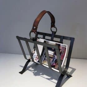 Jacques Adnet Style Leather and Steel Magazine Rack