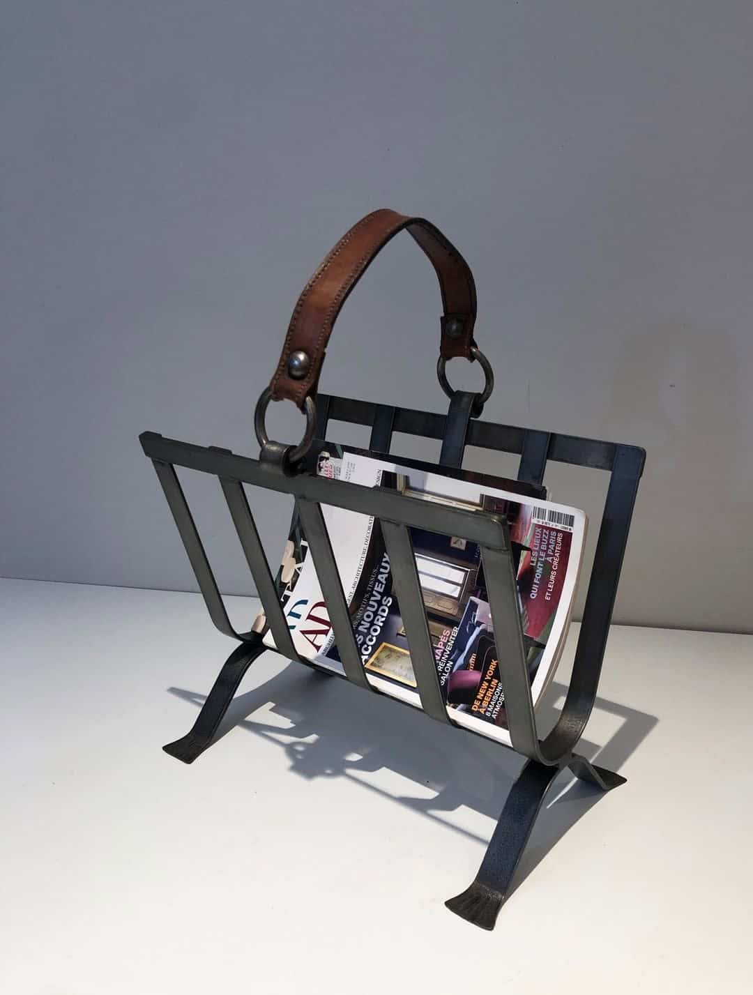 Jacques Adnet Style Leather and Steel Magazine Rack - Image 4