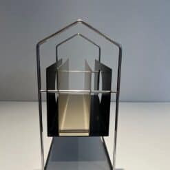 French 1960s Chrome and Black and White Magazine Rack - Side View - Styylish