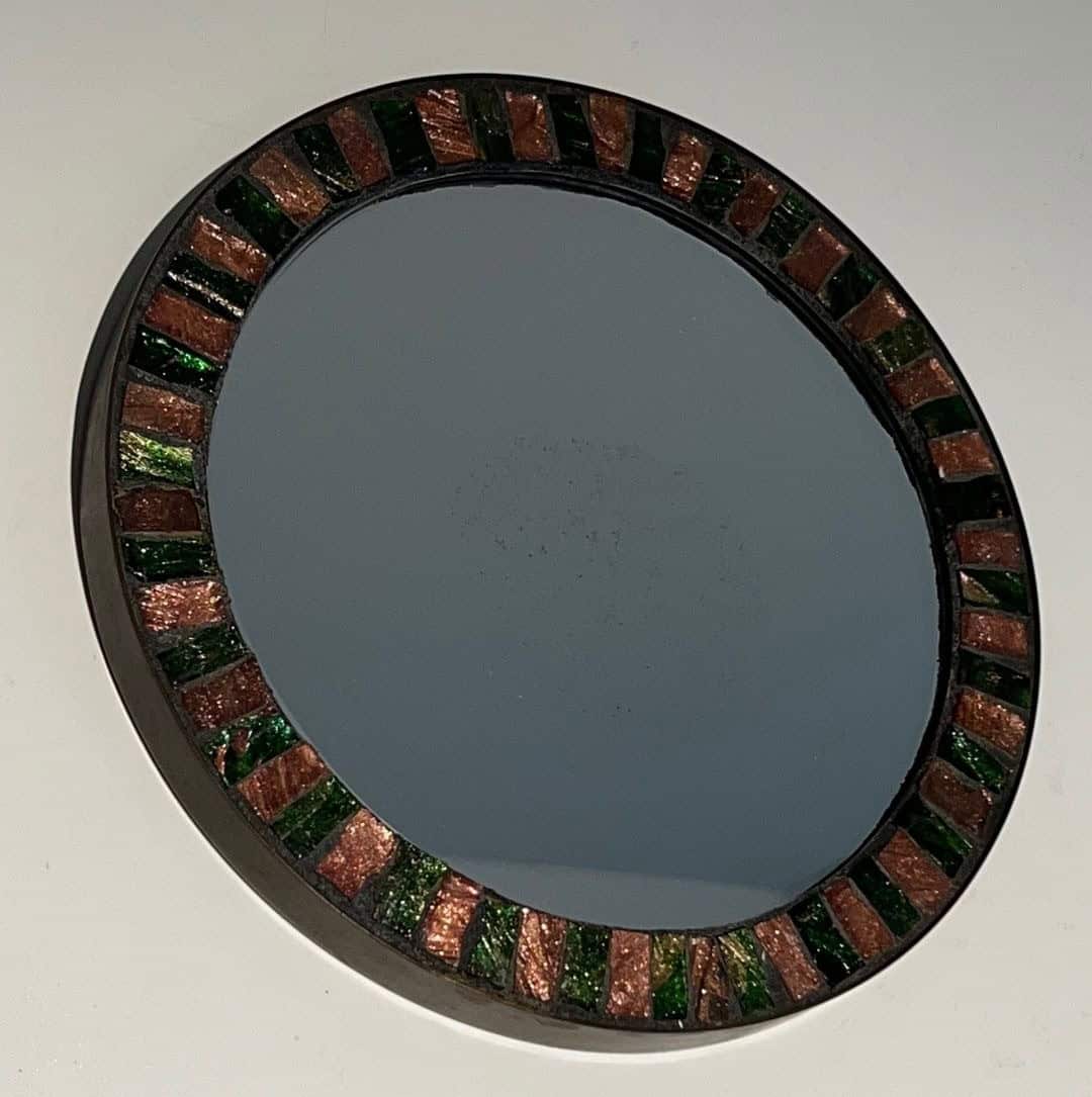 French Mid-Century Ceramic and Brass Round Mirror - Angled View - Styylish