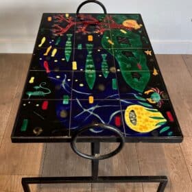 French Ceramic and Iron Coffee Table, circa 1950, in the Style of Jacques Adnet