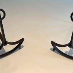 French 1940s Blackened Wrought Iron Andirons - Angled Pair View - Styylish