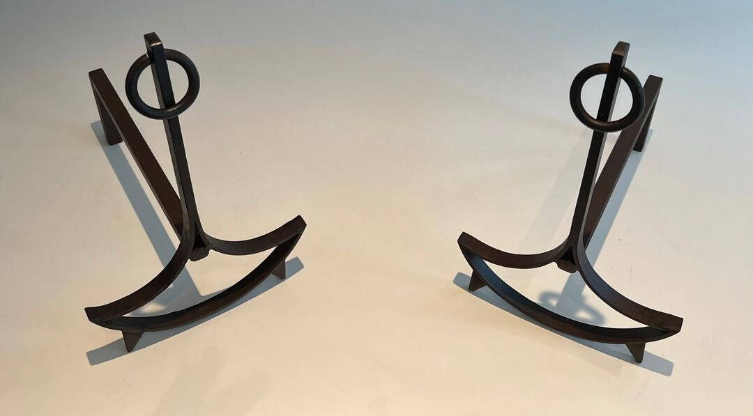 French 1940s Blackened Wrought Iron Andirons - Angled Pair View - Styylish